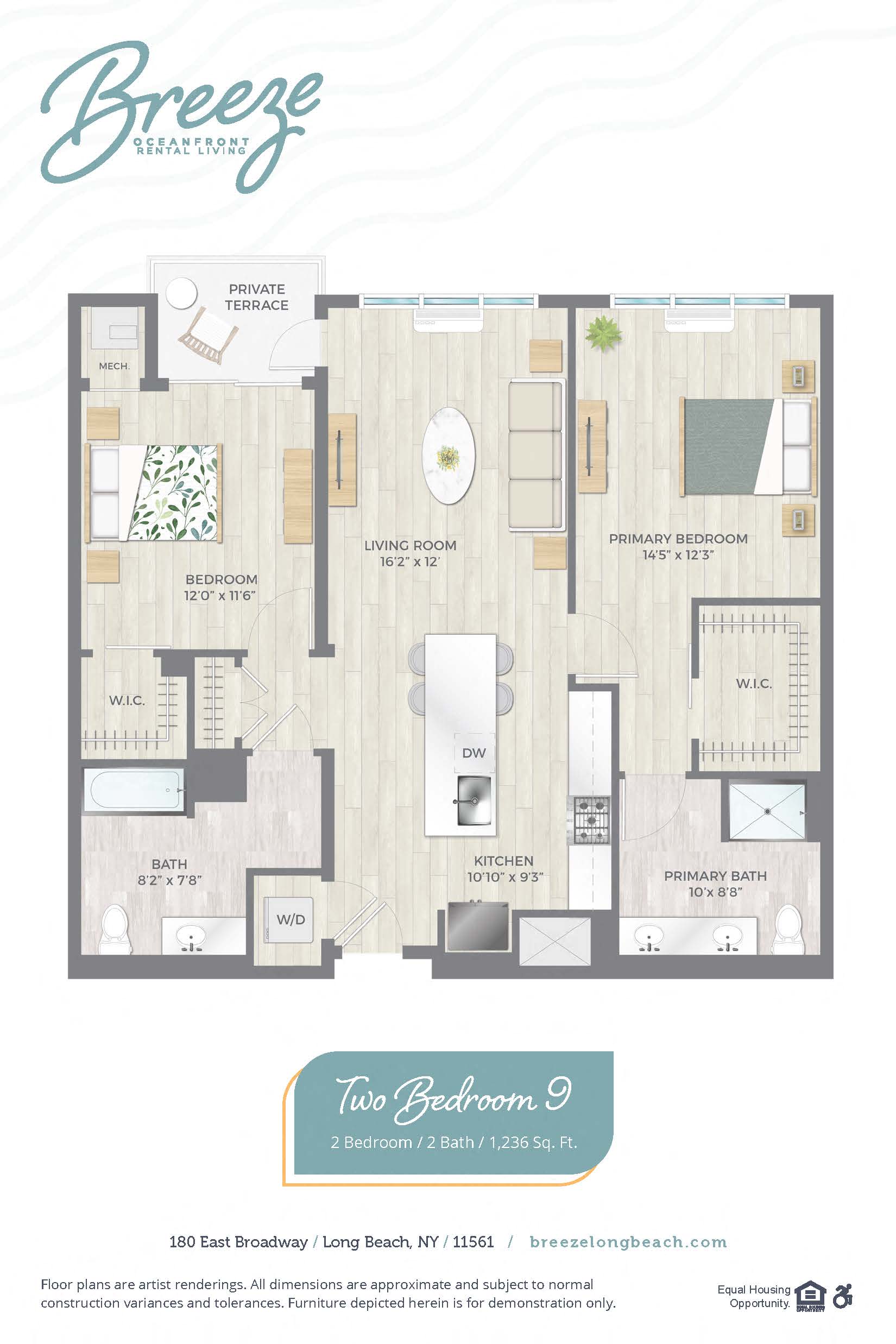 Floor plan for 2 beds, 2 baths, 1236 sqft